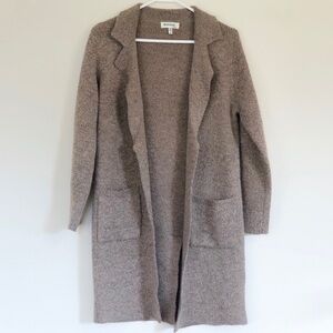 Monteau pink grey brown long soft open front collared duster sweater cardigan